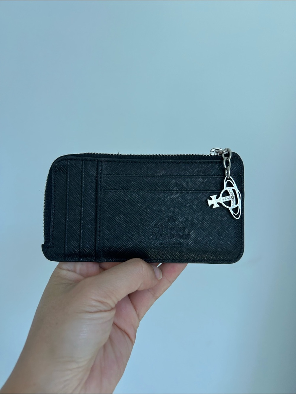 Vivienne Westwood Black Saffiano Zip Card Holder with Orb Charm